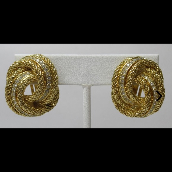 CHRISTIAN DIOR Signed Vintage Gold Tone Crystal Knot Clip-On Earrings - Picture 3 of 14